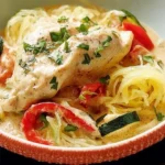A close-up of creamy Slow Cooker Ranch Chicken and Veggies served over spaghetti squash in a decorative ceramic bowl.