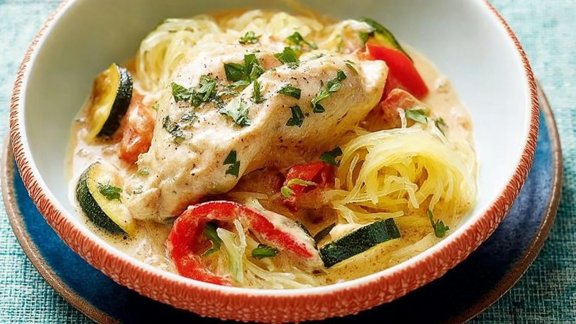 A close-up of creamy Slow Cooker Ranch Chicken and Veggies served over spaghetti squash in a decorative ceramic bowl.