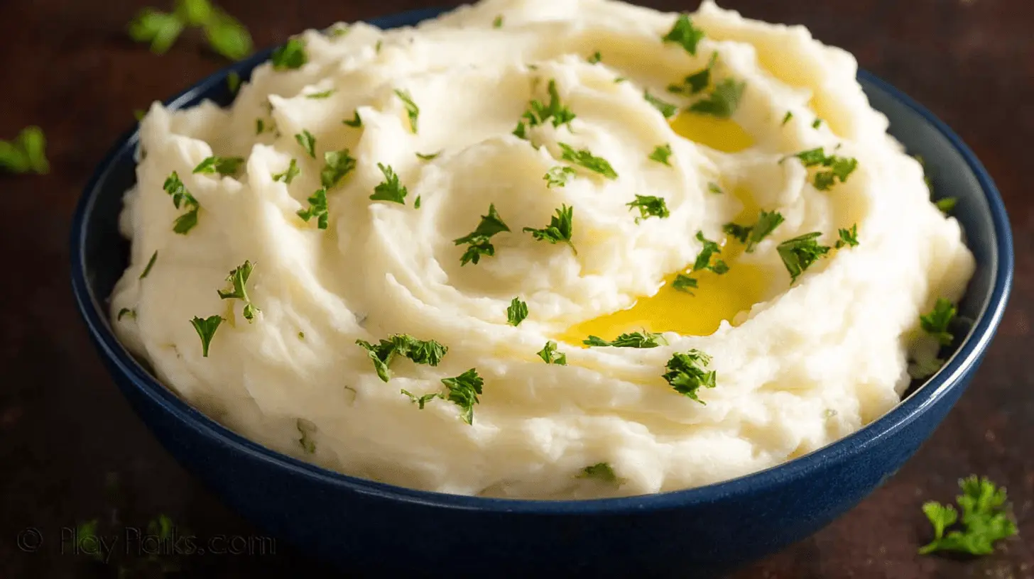 Close-up of a bowl of fluffy, parsley-garnished creamy mashed potatoes with melted butter.