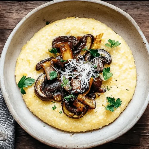 Overhead view of a hearty bowl of Creamy Polenta with Mushrooms, garnished with Parmesan and fresh parsley, on a rustic wooden table.