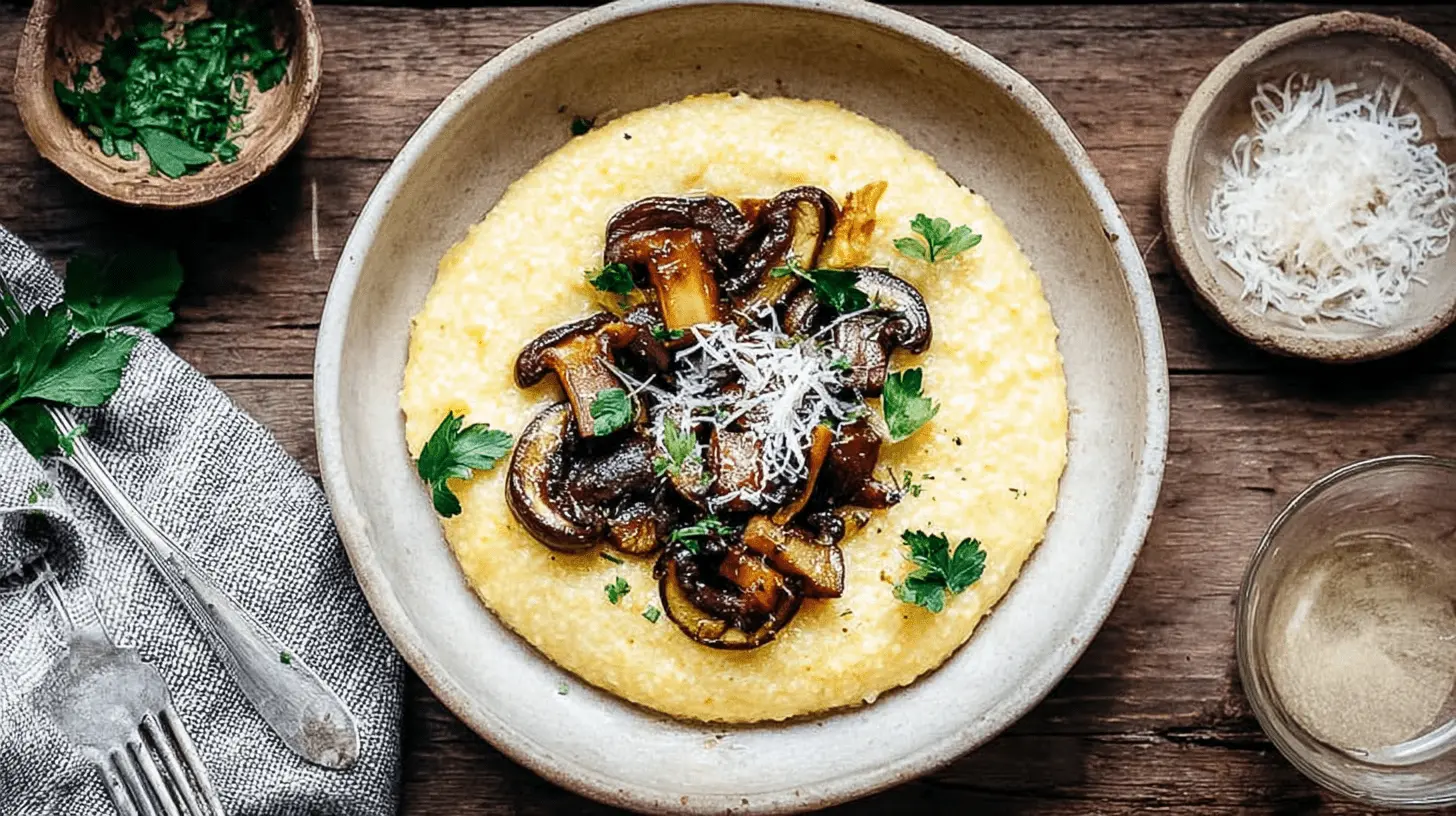 Overhead view of a hearty bowl of Creamy Polenta with Mushrooms, garnished with Parmesan and fresh parsley, on a rustic wooden table.