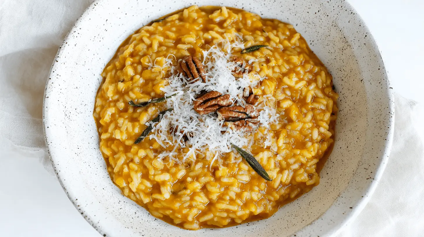 Overhead view of a rustic bowl of Creamy Pumpkin Risotto topped with grated cheese, pecans, and fresh sage.
