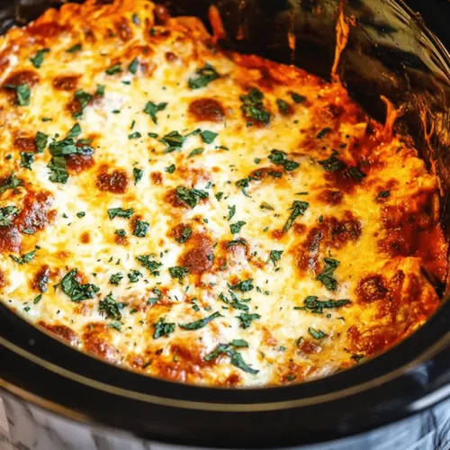 Delicious crockpot lasagna recipe, bubbling with melted golden cheese and fresh herbs in a slow cooker on a marble counter.