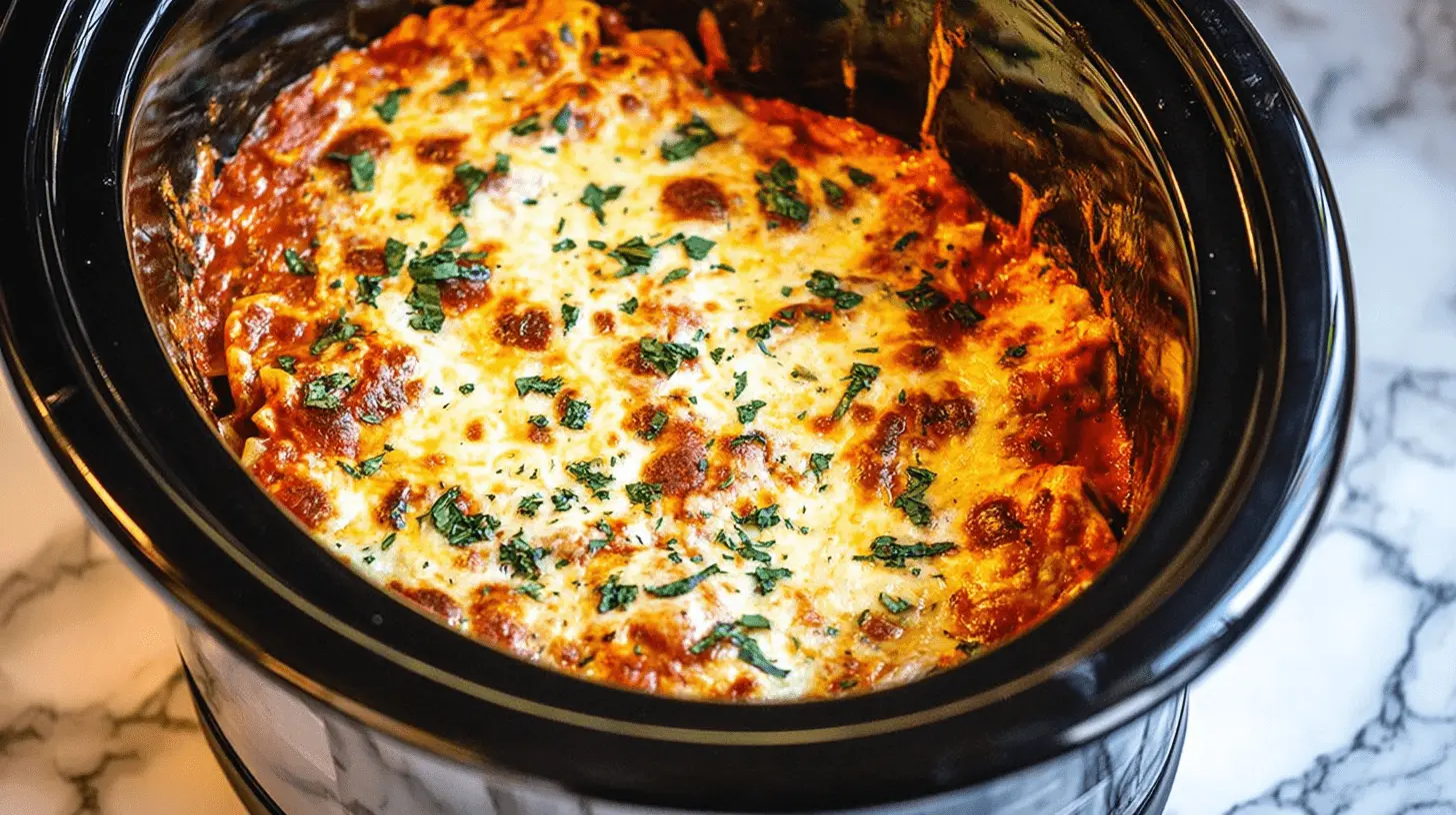 Delicious crockpot lasagna recipe, bubbling with melted golden cheese and fresh herbs in a slow cooker on a marble counter.