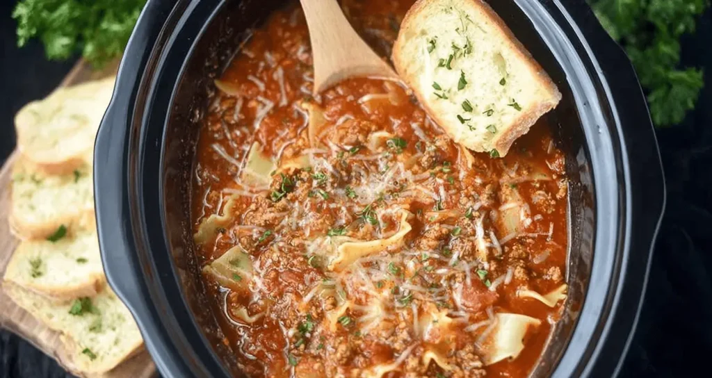 Appetizing crockpot lasagna soup with melted cheese, fresh herbs, and garlic bread in a black slow cooker.
