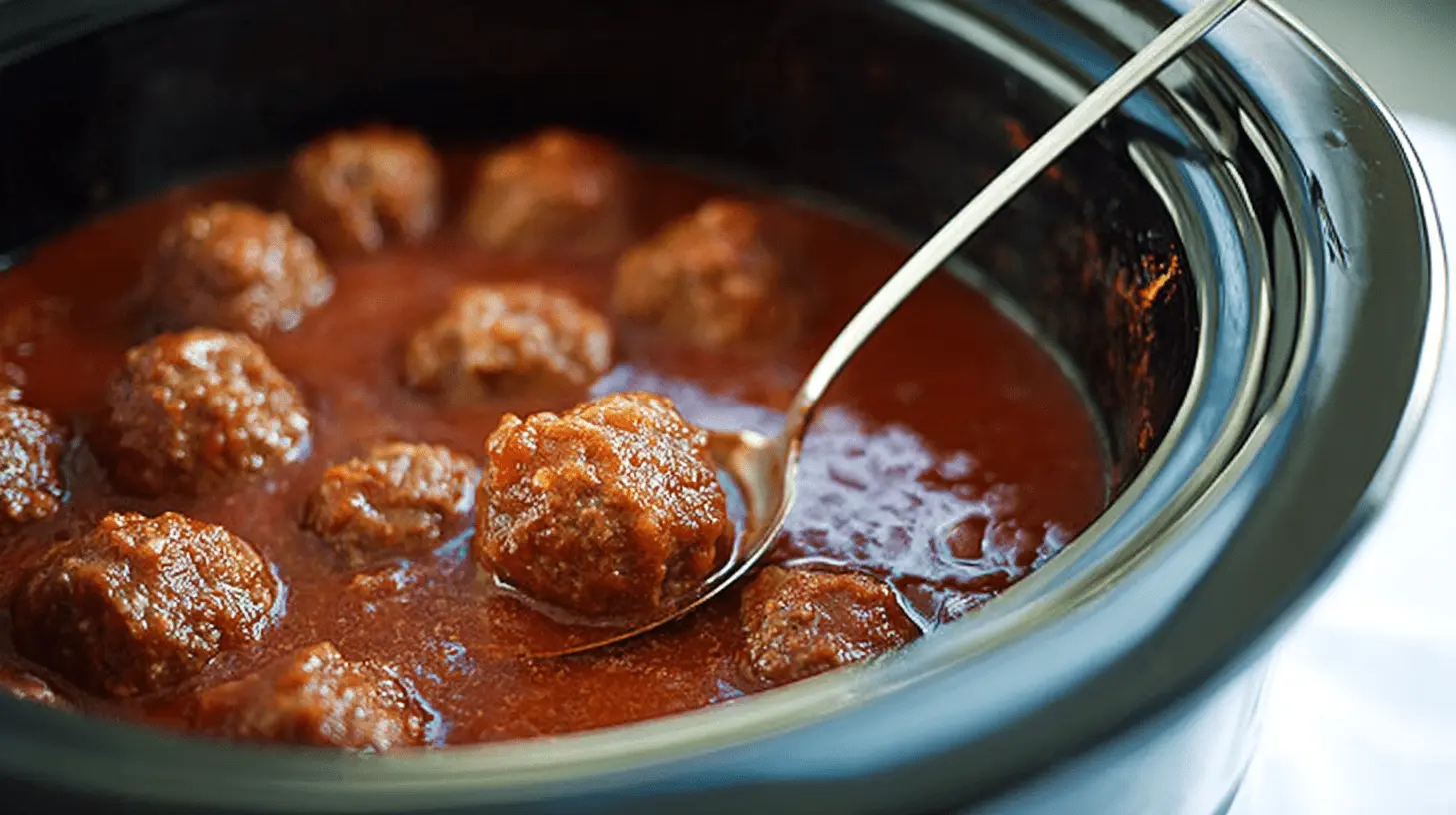 Close-up of delicious meatballs simmering in a rich red sauce, showcasing a mouth-watering crockpot meatball recipe.