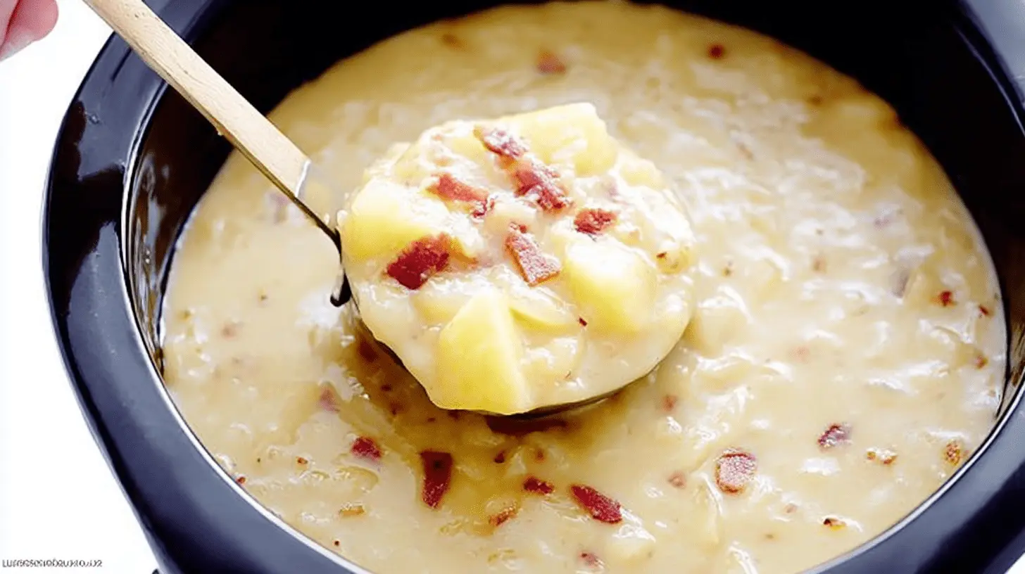 Overhead view of creamy crockpot potato soup with bacon bits, scooped from a dark pot.