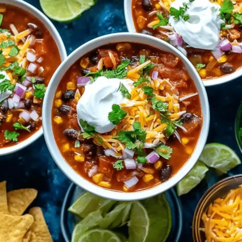 Three vibrant bowls of Crockpot Taco Soup, garnished with sour cream, cheese, and cilantro, ready to be enjoyed.