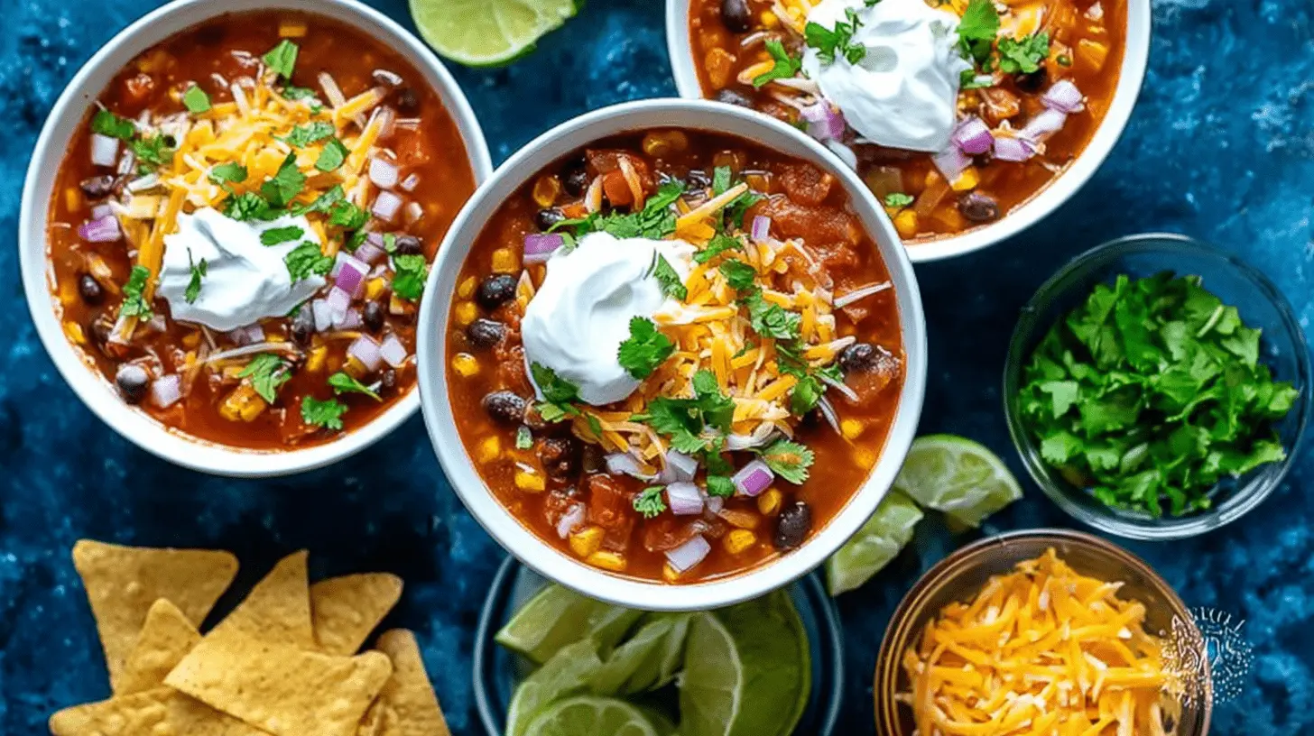 Three vibrant bowls of Crockpot Taco Soup, garnished with sour cream, cheese, and cilantro, ready to be enjoyed.