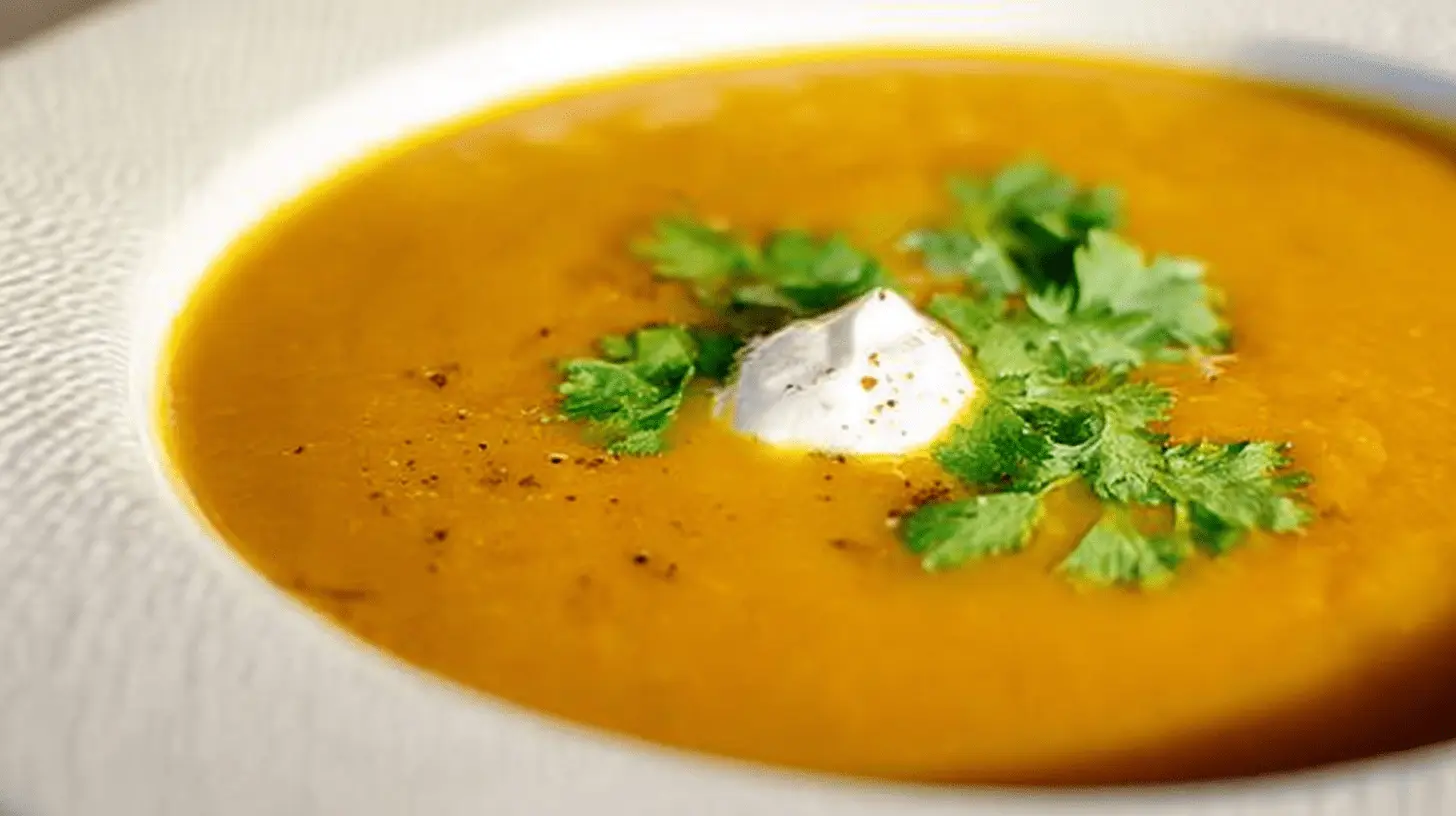 Close-up of a creamy, vibrant curried pumpkin soup recipe garnished with a dollop of cream and fresh herbs in a white patterned bowl.