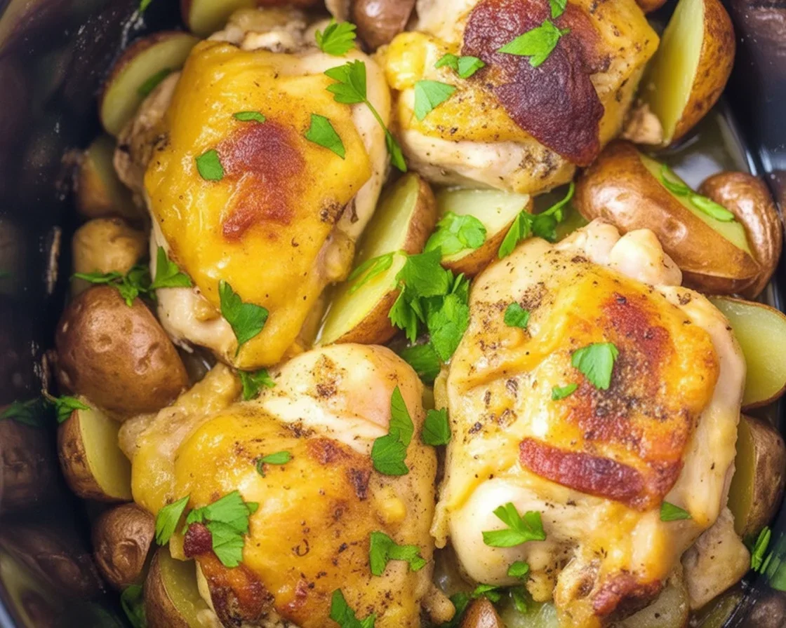 Delicious Garlic Parmesan Crockpot Chicken and Potatoes served in a bowl.