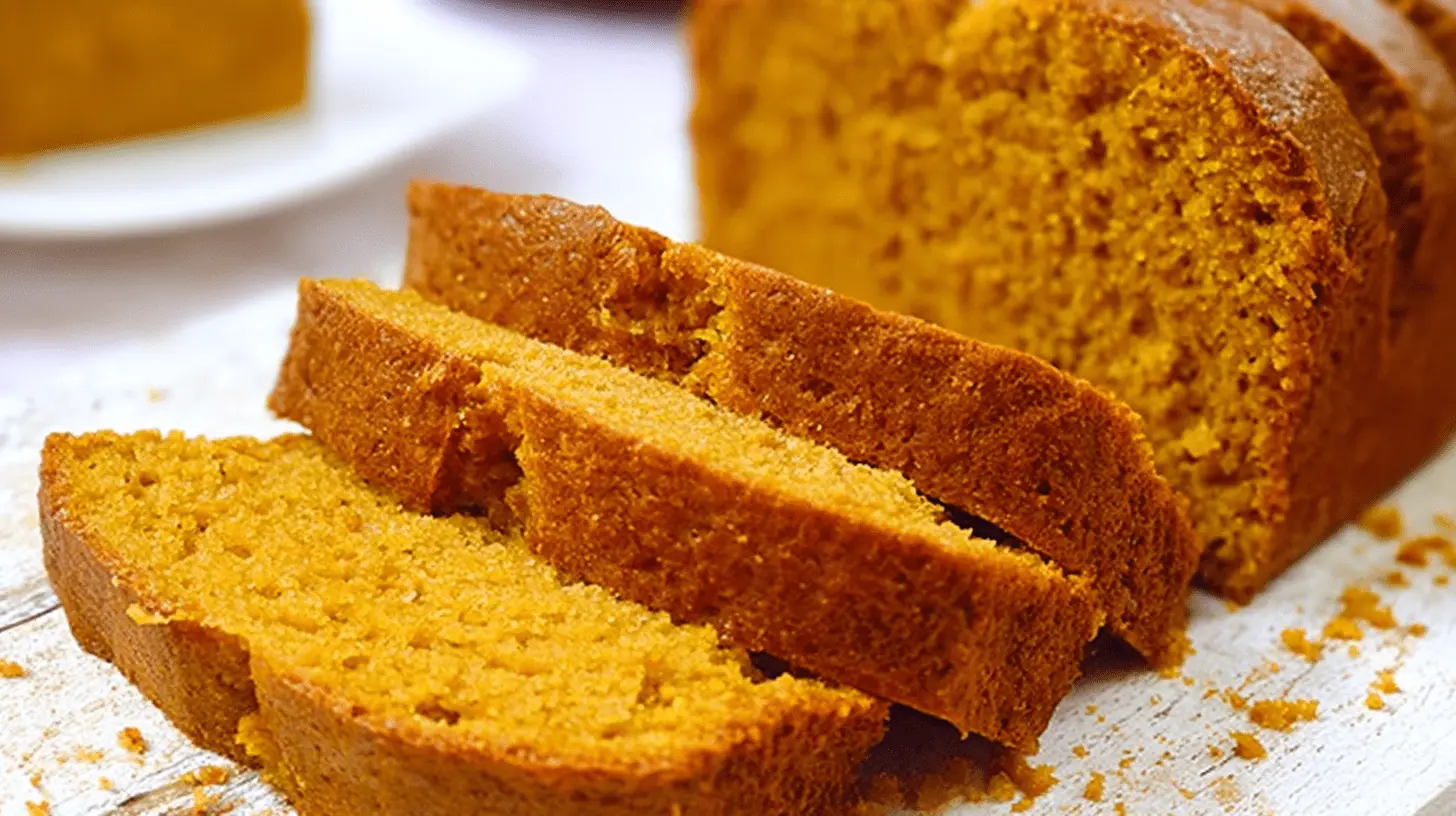 Freshly baked, moist slices of easy pumpkin bread recipe on a rustic white board.