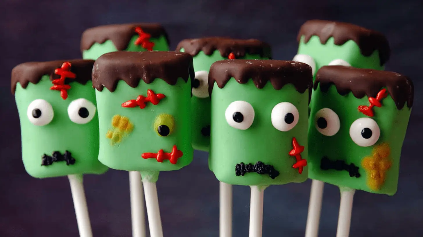 A charming cluster of vibrant green Frankenstein Marshmallow Pops with candy eyes, chocolate hair, and red stitches, ready for Halloween.