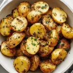 Overhead view of perfectly roasted golden-brown Garlic Roast Potatoes, garnished with fresh green herbs in a rustic bowl.