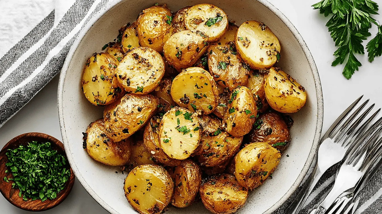 Overhead view of perfectly roasted golden-brown Garlic Roast Potatoes, garnished with fresh green herbs in a rustic bowl.