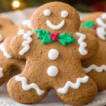 Close-up of festive, decorated Gingerbread Men cookies on a white plate with a blurred holiday background.