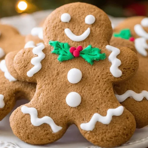 Close-up of festive, decorated Gingerbread Men cookies on a white plate with a blurred holiday background.