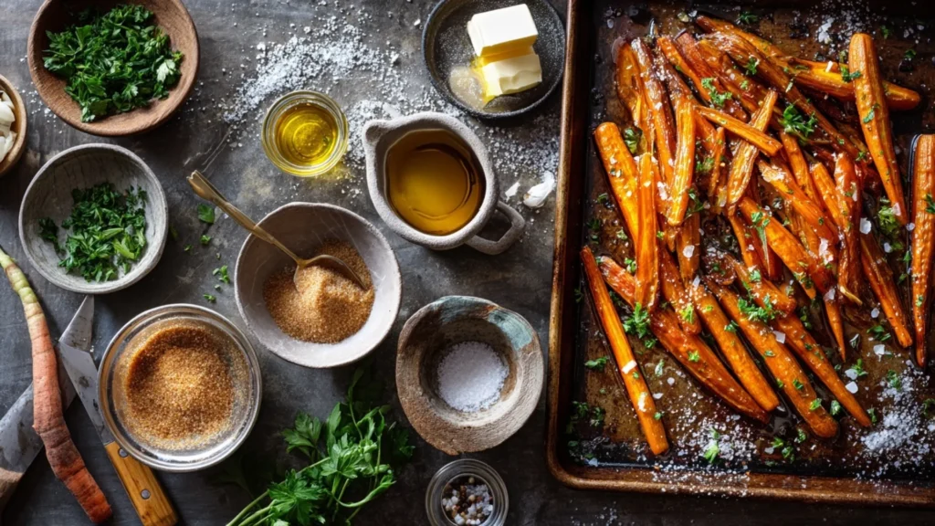 oasted glazed carrots with caramelized edges in a brown-sugar garlic butter, topped with parsley.