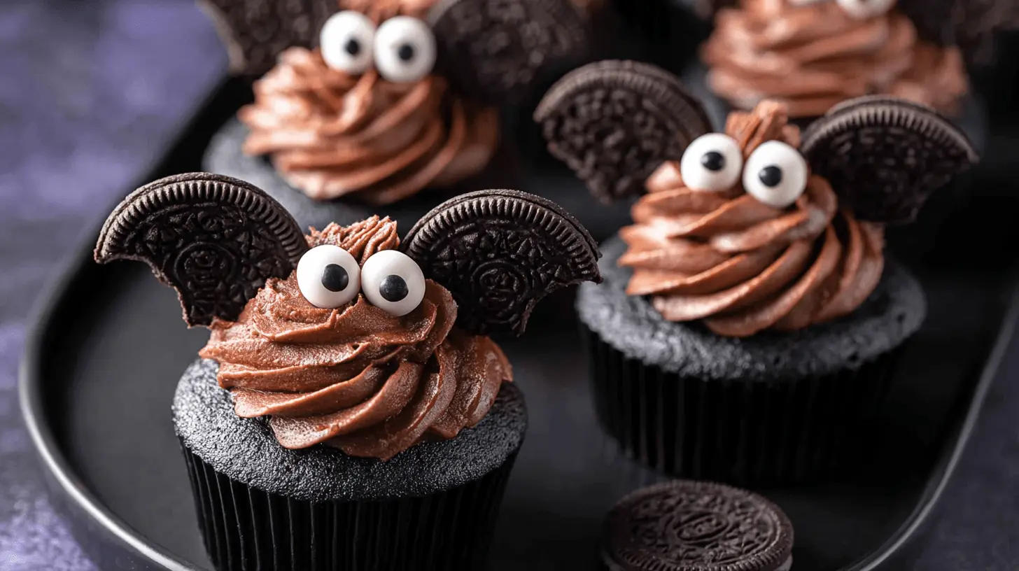 Delicious chocolate Halloween bat cupcakes with Oreo wings and candy eyes on a dark platter.
