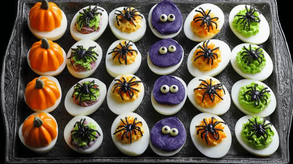 A festive spread of 24 Halloween deviled eggs on an ornate dark tray, featuring pumpkin, spider, and monster designs.