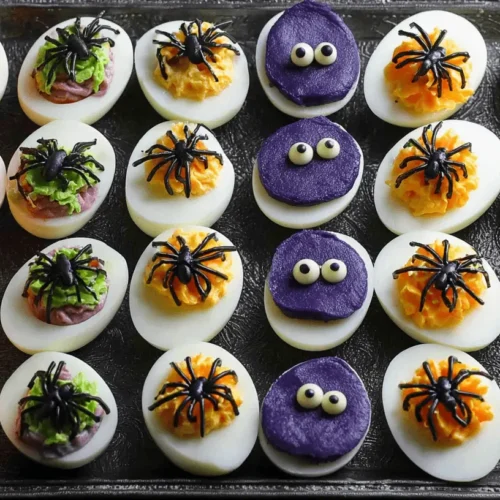 A festive spread of 24 Halloween deviled eggs on an ornate dark tray, featuring pumpkin, spider, and monster designs.