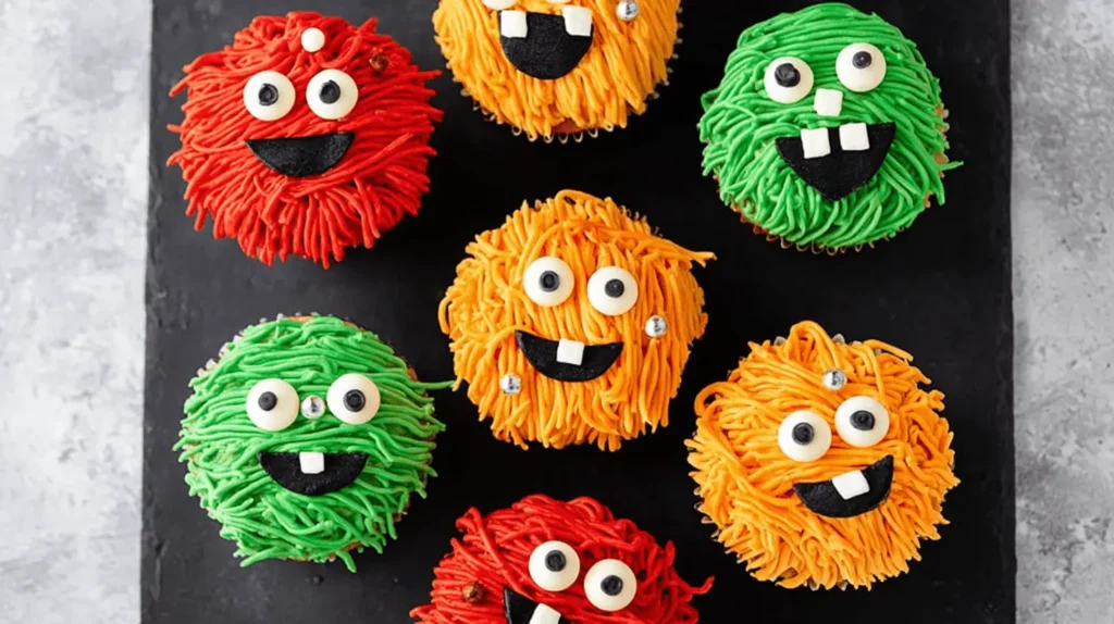 Colorful halloween monster cupcakes with shaggy red, orange, and green frosting, candy eyes, and playful teeth, arranged on a dark surface.