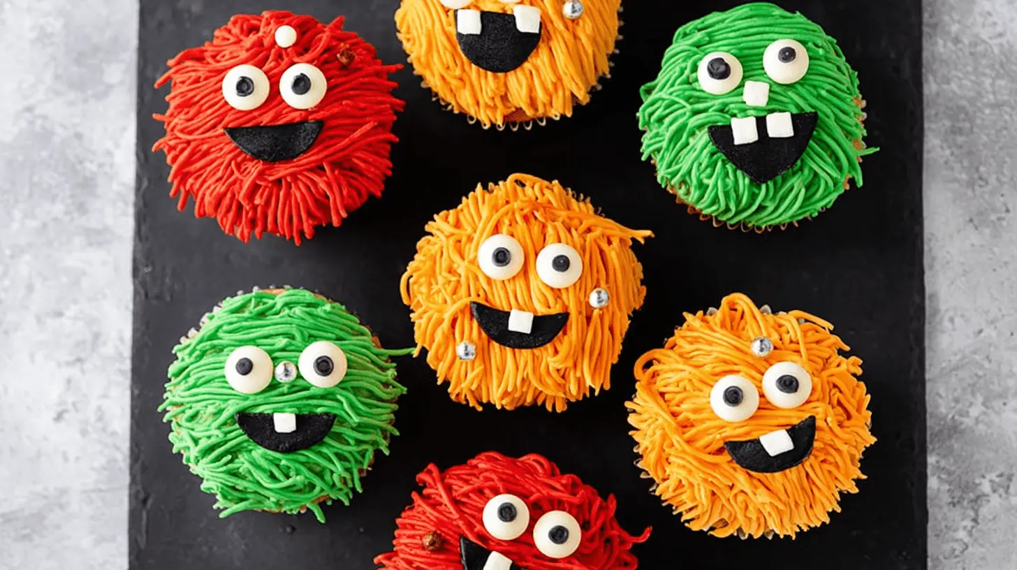 Colorful halloween monster cupcakes with shaggy red, orange, and green frosting, candy eyes, and playful teeth, arranged on a dark surface.