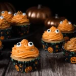 A festive display of orange-frosted halloween pumpkin cupcakes with googly eyes and jack-o'-lantern liners on a rustic wooden table with decorative metallic pumpkins.