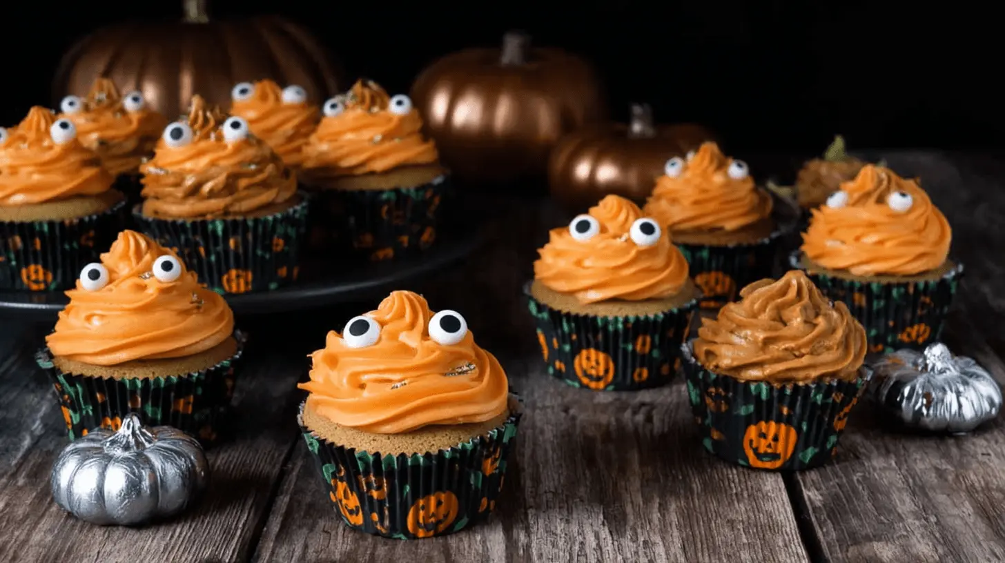 A festive display of orange-frosted halloween pumpkin cupcakes with googly eyes and jack-o'-lantern liners on a rustic wooden table with decorative metallic pumpkins.