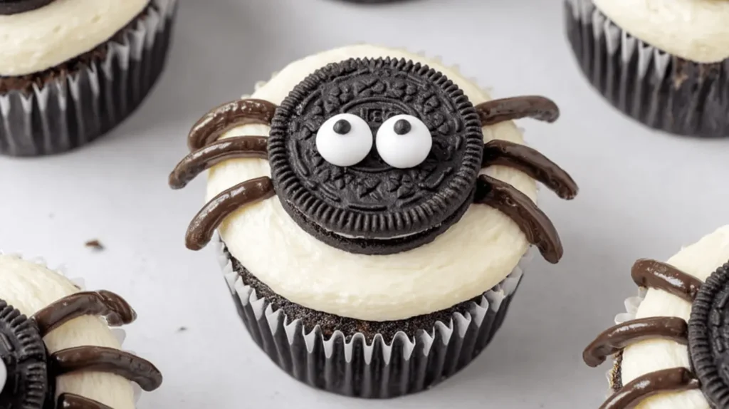 Close-up of charming chocolate halloween spider cupcakes with Oreo bodies and candy eyes on a light surface.