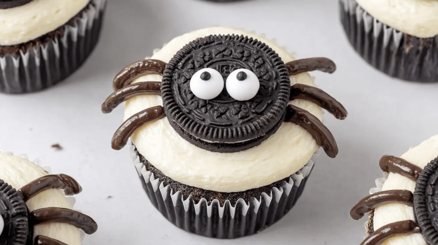 Close-up of charming chocolate halloween spider cupcakes with Oreo bodies and candy eyes on a light surface.