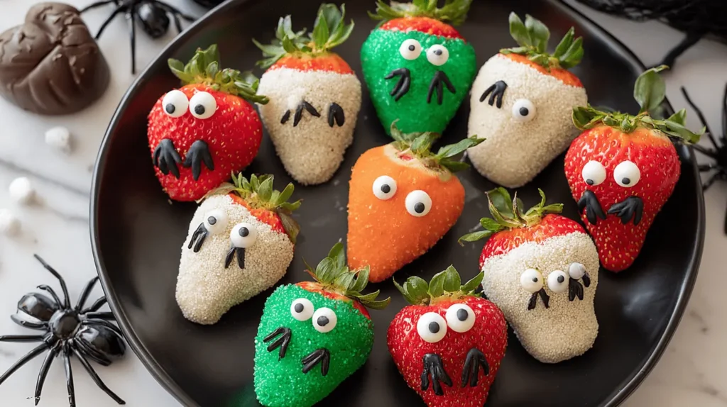 A collection of whimsically decorated Halloween Strawberries resembling monsters and characters on a black platter, surrounded by spooky accents.
