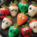 A collection of whimsically decorated Halloween Strawberries resembling monsters and characters on a black platter, surrounded by spooky accents.