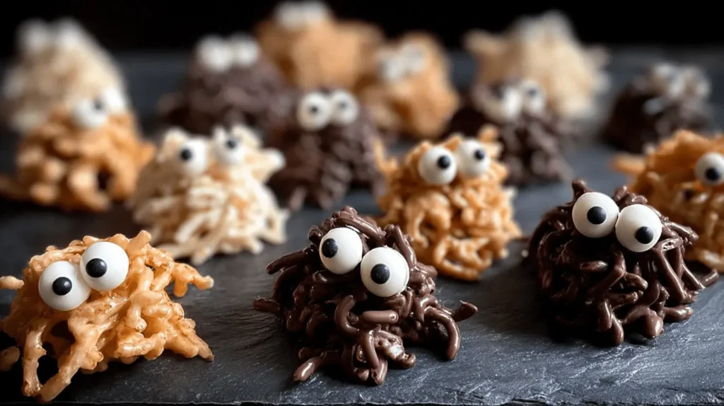 Whimsical chocolate and caramel Haunted Haystacks, adorned with googly eyes, displayed on a dark surface.