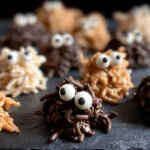 Whimsical chocolate and caramel Haunted Haystacks, adorned with googly eyes, displayed on a dark surface.