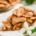 Beautifully presented slice of rustic Healthy Apple Pie on an elegant white plate, garnished with apple chips and a white blossom.