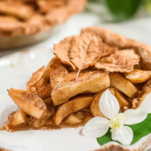 Beautifully presented slice of rustic Healthy Apple Pie on an elegant white plate, garnished with apple chips and a white blossom.