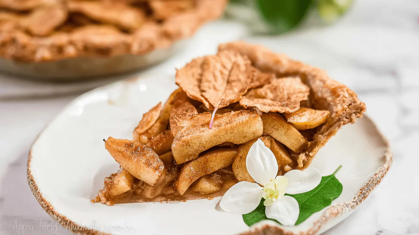 Beautifully presented slice of rustic Healthy Apple Pie on an elegant white plate, garnished with apple chips and a white blossom.
