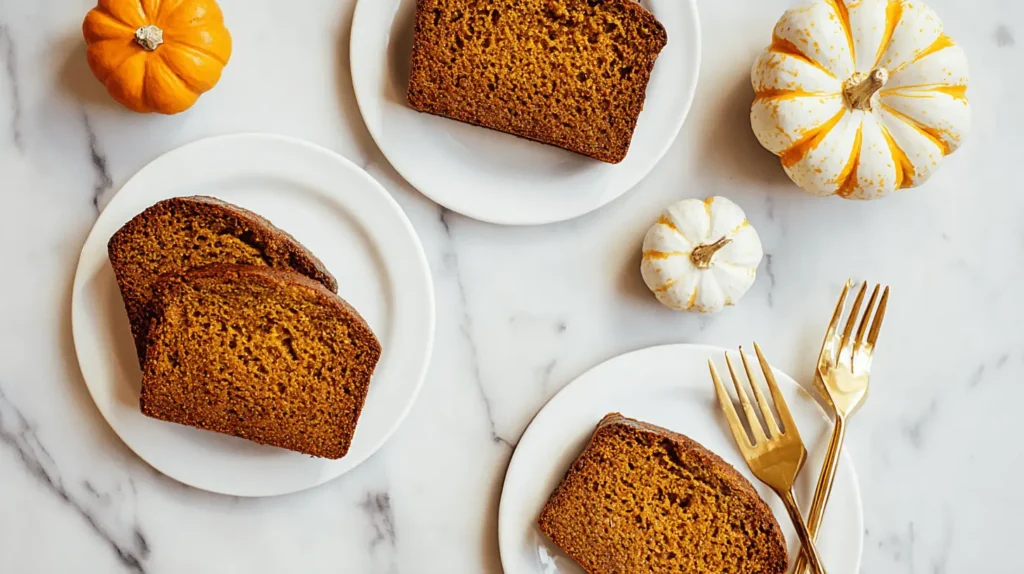 Overhead shot of moist slices of healthy pumpkin bread with decorative gourds on a white marble surface.