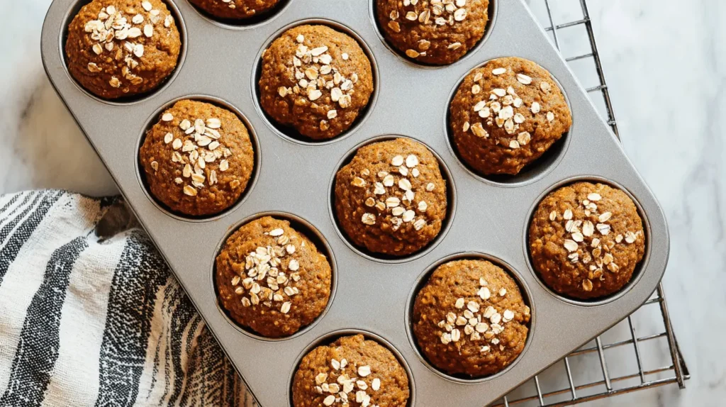 Top-down view of freshly baked healthy pumpkin muffins with oat toppings in a metal pan on a light countertop.