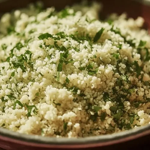 Close-up of a bowl of fluffy Herbed Couscous, generously mixed with fresh green parsley, served in a rustic terracotta bowl.