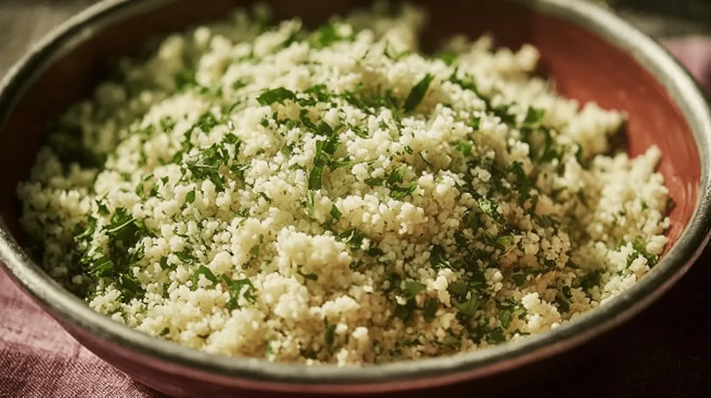 Close-up of a bowl of fluffy Herbed Couscous, generously mixed with fresh green parsley, served in a rustic terracotta bowl.