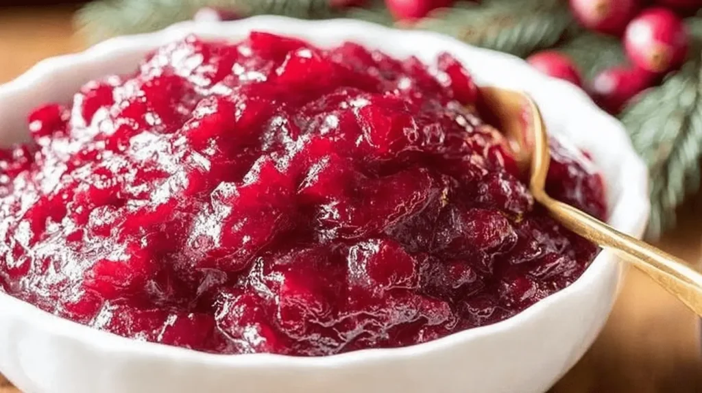 A close-up of a bowl brimming with chunky, vibrant homemade cranberry sauce, with a golden spoon resting in it, set against a festive background.