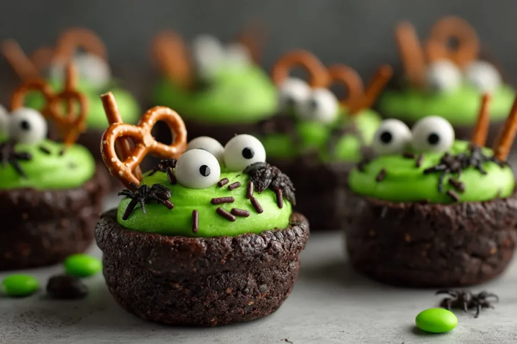 45-degree hero shot of cauldron cookies with green frosting and candy eyeballs.