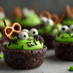 45-degree hero shot of cauldron cookies with green frosting and candy eyeballs.