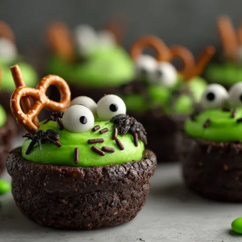 45-degree hero shot of cauldron cookies with green frosting and candy eyeballs.