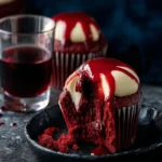 Rich red velvet Halloween Vampire Bite Cupcakes with "blood" sauce and creamy frosting, set against a dark, moody background.