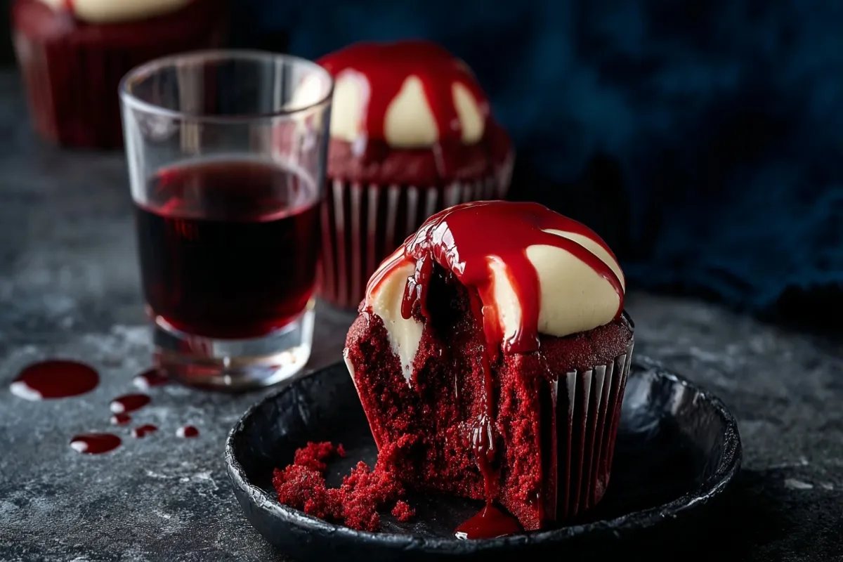 Rich red velvet Halloween Vampire Bite Cupcakes with "blood" sauce and creamy frosting, set against a dark, moody background.