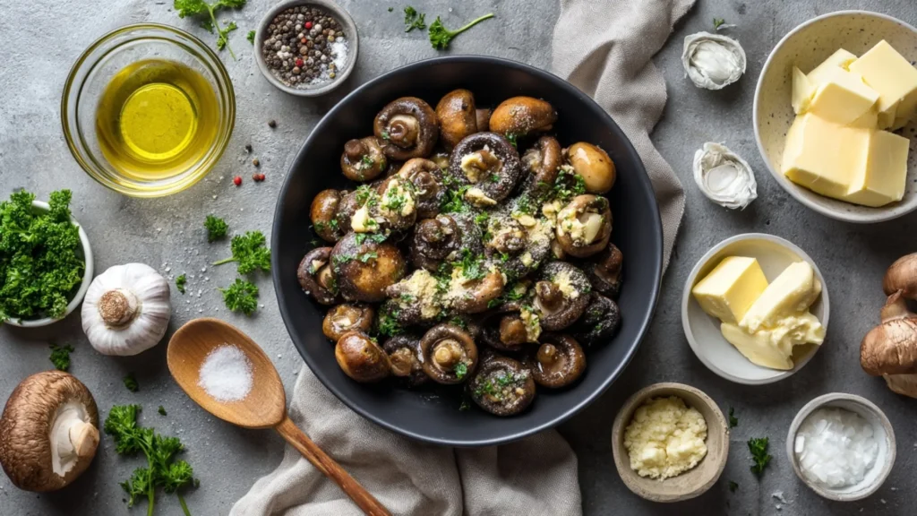 Garlic butter mushrooms in a black skillet, golden-brown and garnished with fresh parsley.