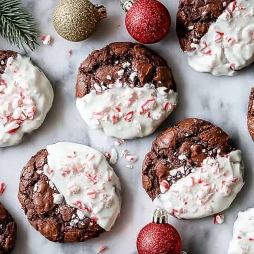 Festive flat lay of dark chocolate Peppermint Bark Cookies, half-dipped in white, with crushed candy canes and holiday decorations on marble.